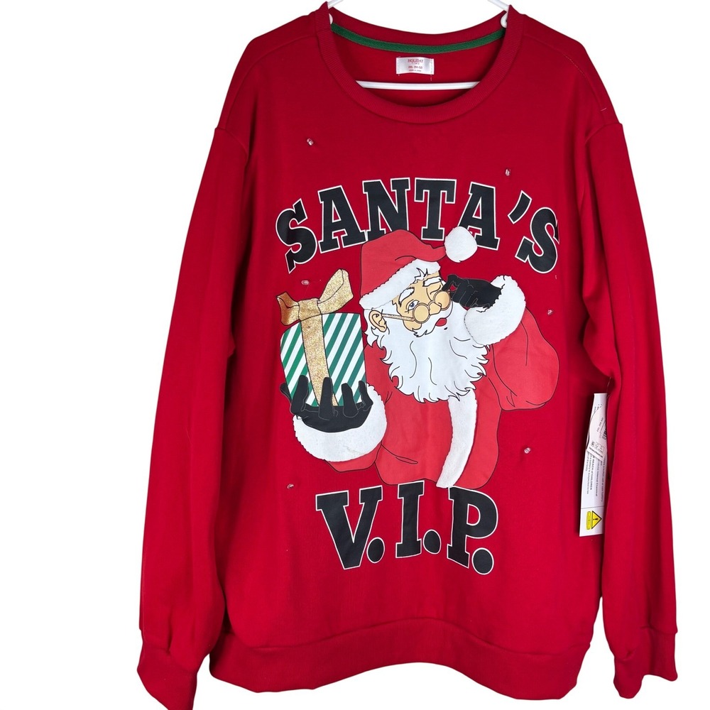Holiday Time Sweatshirt Santa's VIP Mens 2XL Red Cotton Blend Light Up Party